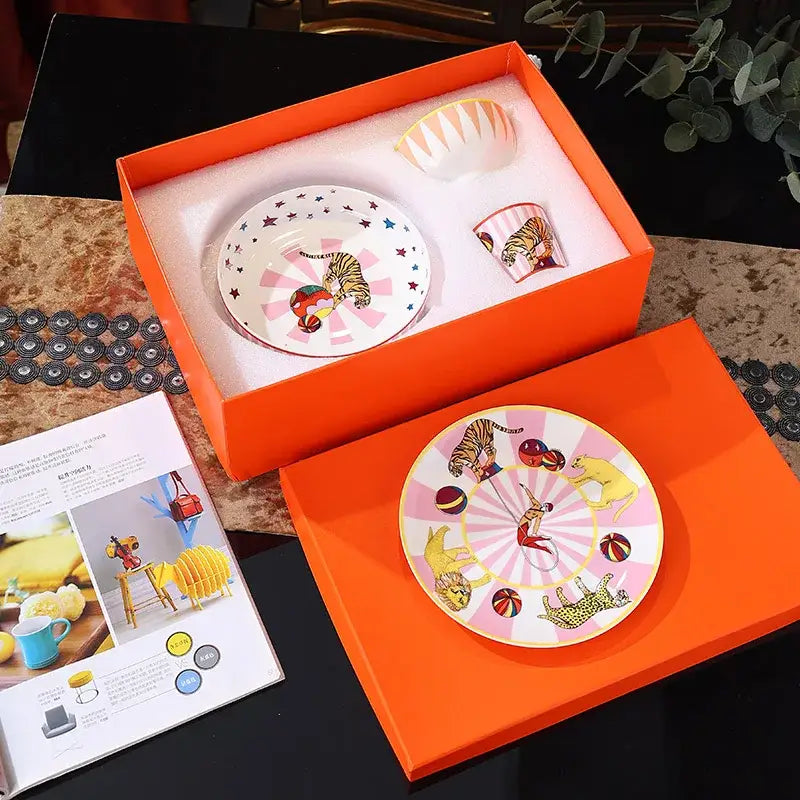Circus troup kids pink & white ceramic tableware set dining room