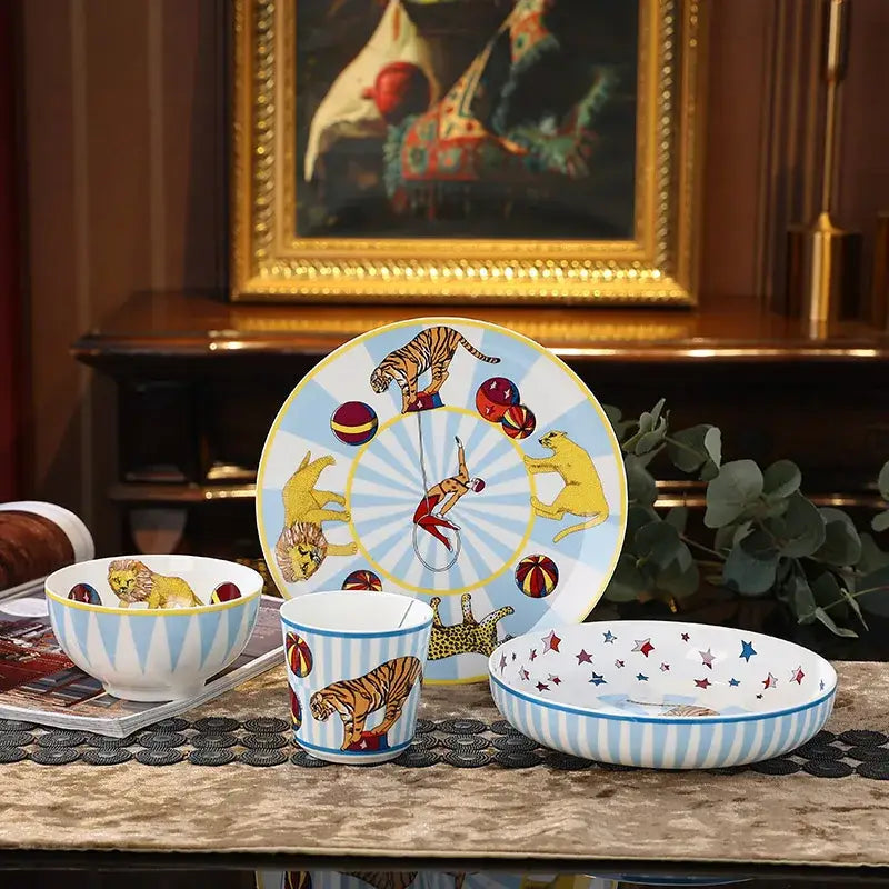 Circus troup kids pink & white ceramic tableware set dining room