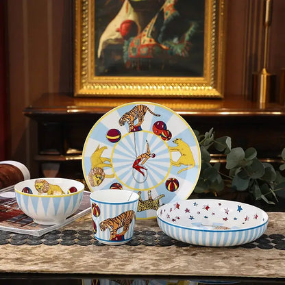 Circus troup kids pink & white ceramic tableware set dining room