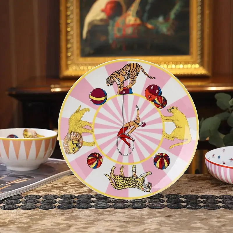 Circus troup kids pink & white ceramic tableware set dining room