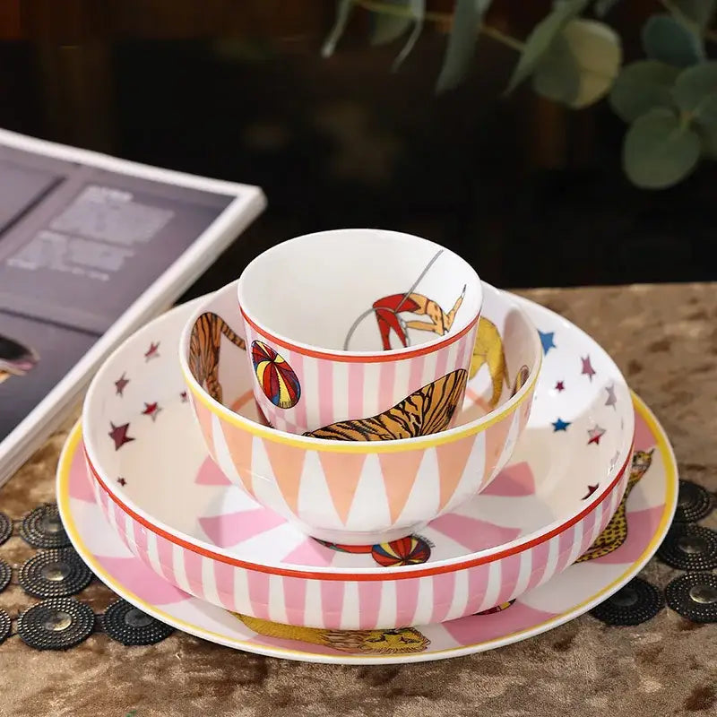 Circus troup kids pink & white ceramic tableware set dining room