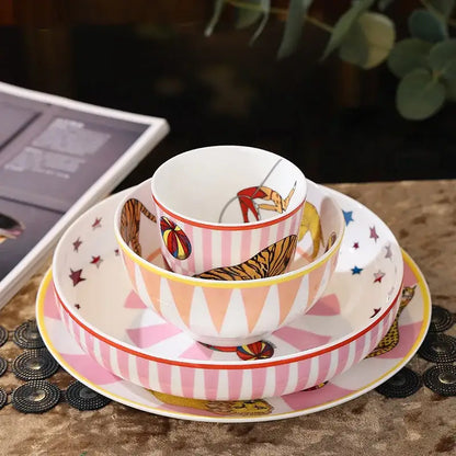 Circus troup kids pink & white ceramic tableware set dining room