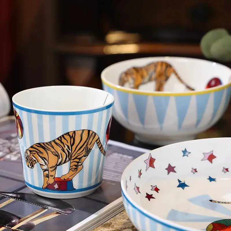Circus troup kids pink & white ceramic tableware set dining room