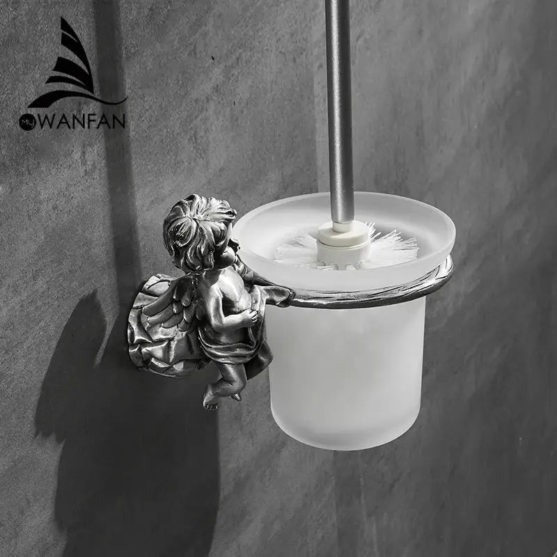 Classic angel brass toilet brush and holder for bathroom