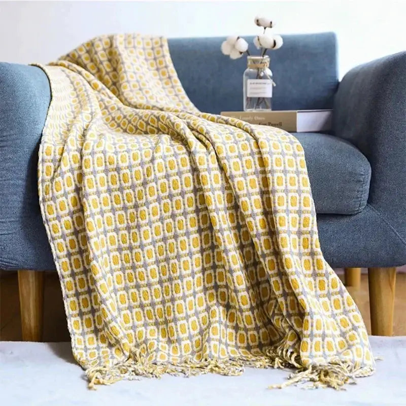 Classic black & white houndstooth throw blanket – living room fringed scarf