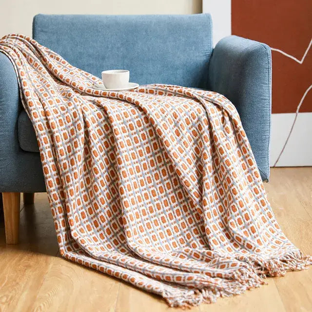 Classic black & white houndstooth throw blanket – living room fringed scarf