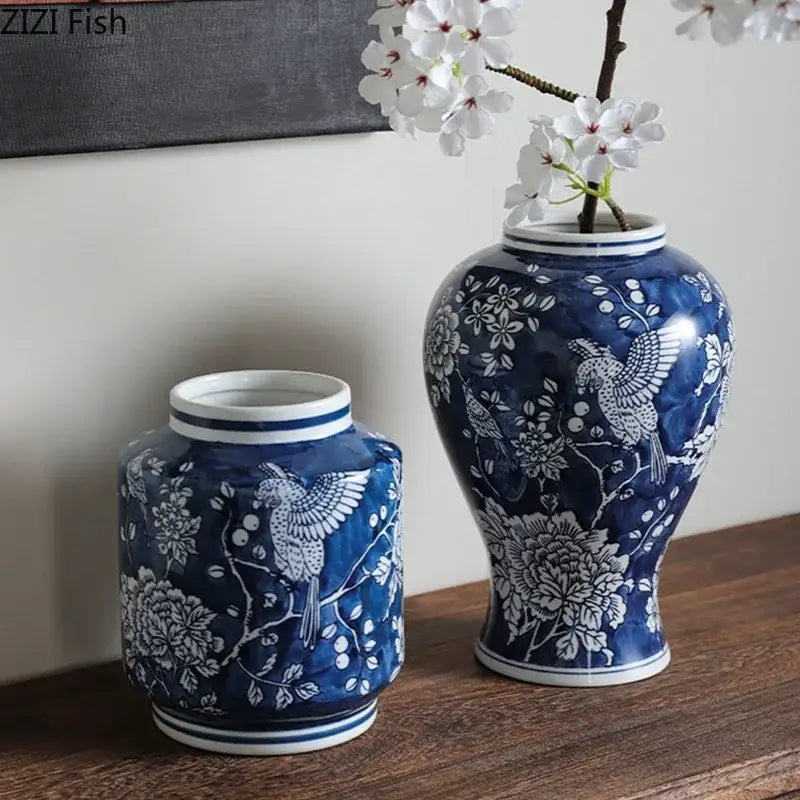 Classic blue porcelain vase living room bird and floral decor