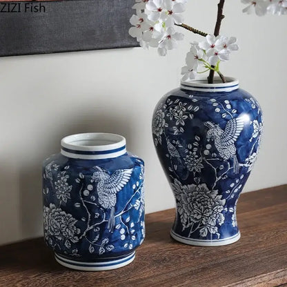 Classic blue porcelain vase living room bird and floral decor