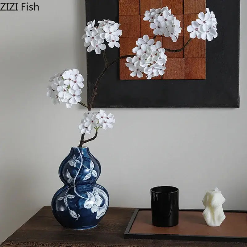 Classic blue porcelain vase living room bird and floral decor