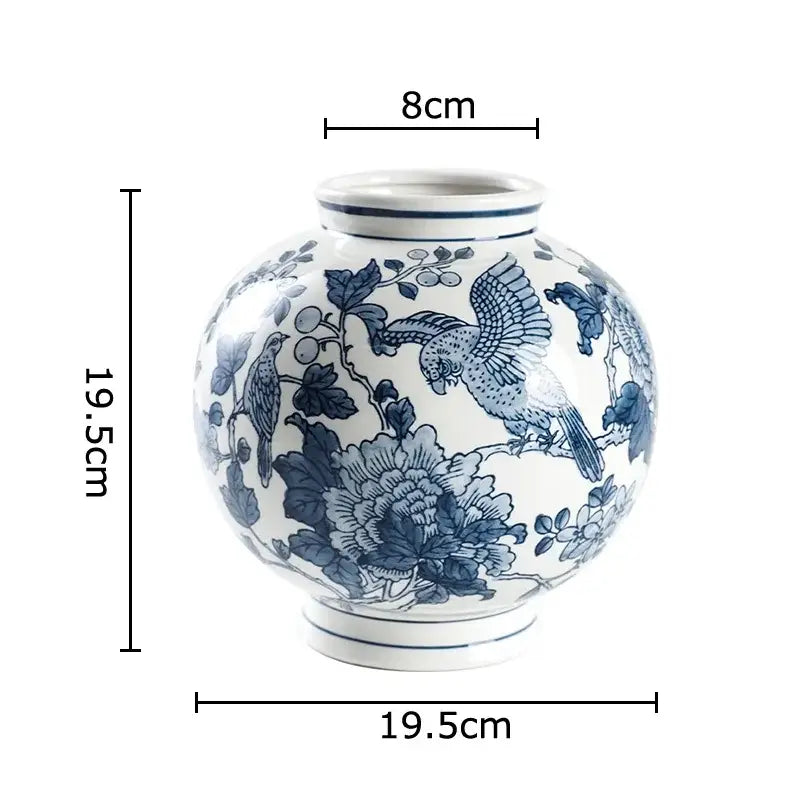 Classic blue porcelain vase living room bird and floral decor