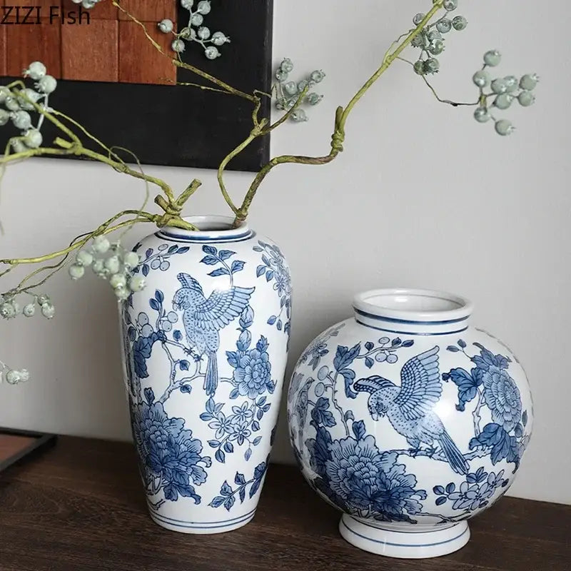 Classic blue porcelain vase living room bird and floral decor