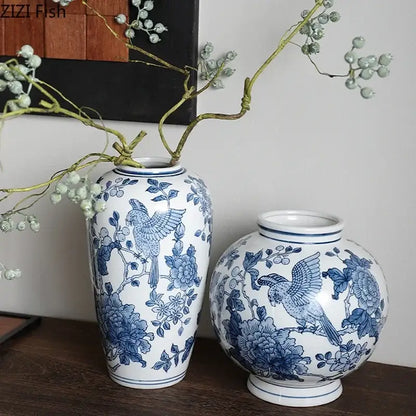 Classic blue porcelain vase living room bird and floral decor