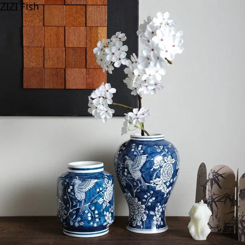 Classic blue porcelain vase living room bird and floral decor
