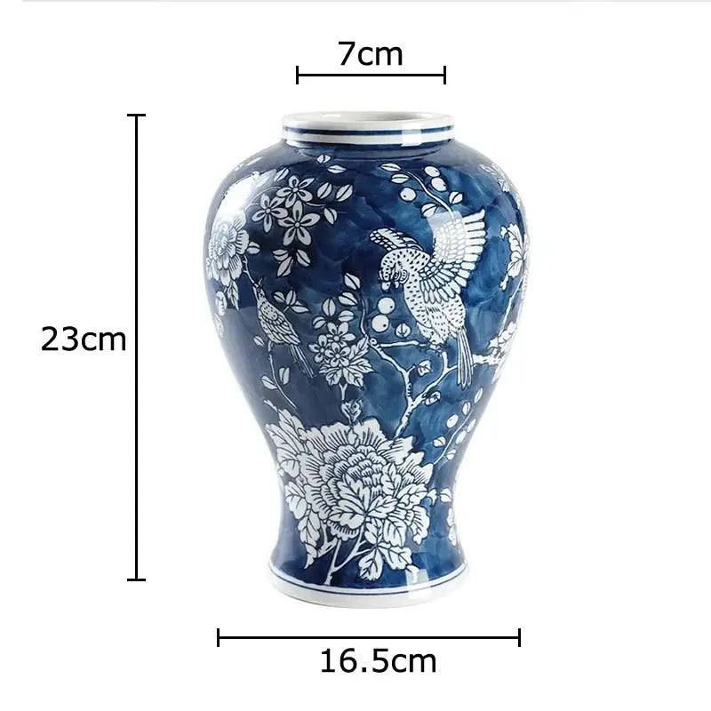 Classic blue porcelain vase living room bird and floral decor