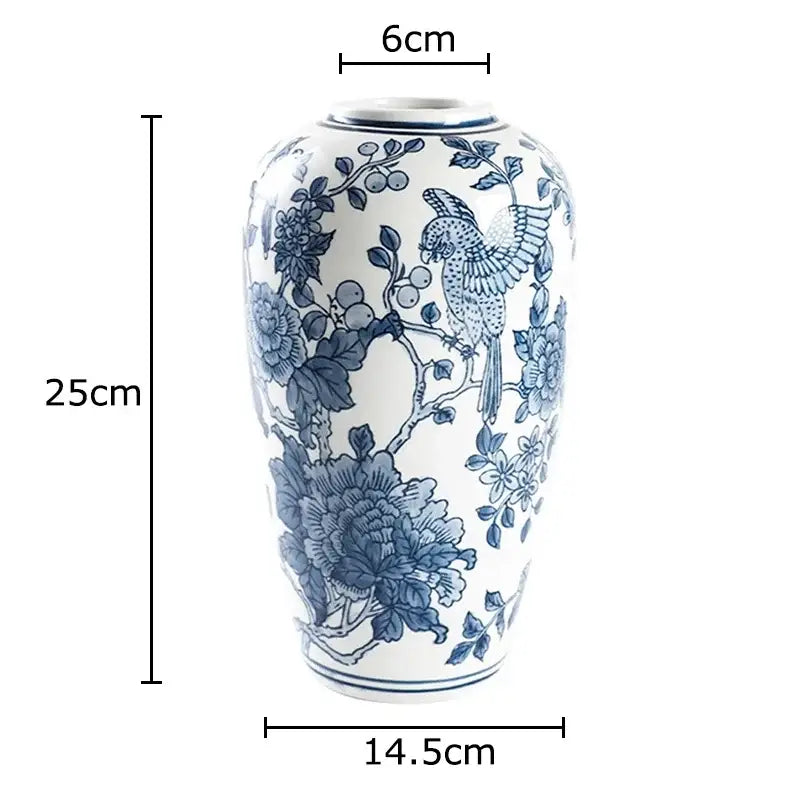 Classic blue porcelain vase living room bird and floral decor