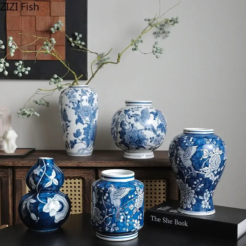 Classic blue porcelain vase living room bird and floral decor