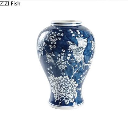 Classic blue porcelain vase living room bird and floral decor
