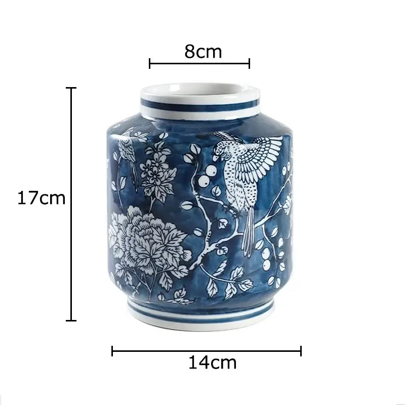 Classic blue porcelain vase living room bird and floral decor