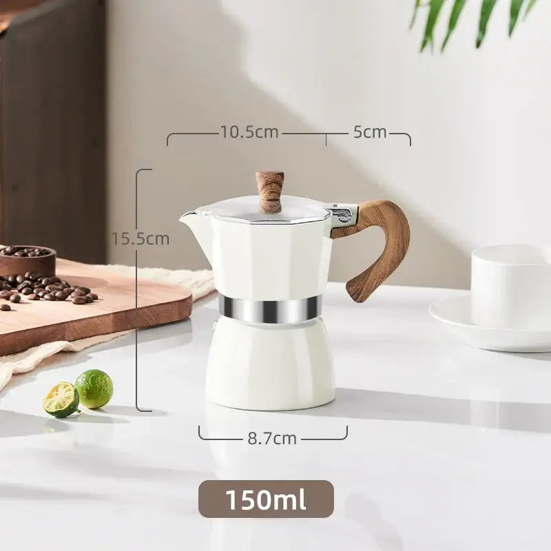 Classic cream aluminum moka pot kitchen coffee machine with wood handle