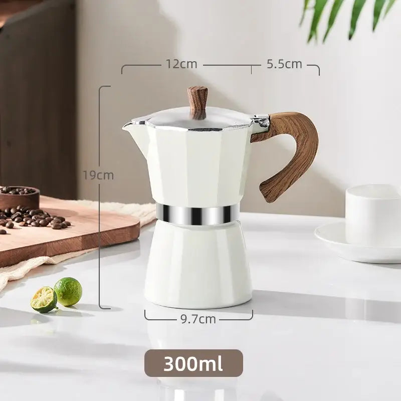 Classic cream aluminum moka pot kitchen coffee machine with wood handle