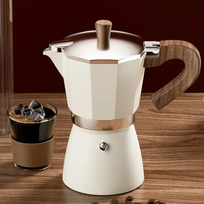 Classic cream aluminum moka pot kitchen coffee machine with wood handle
