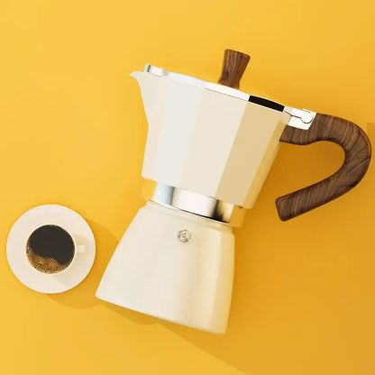 Classic cream aluminum moka pot kitchen coffee machine with wood handle