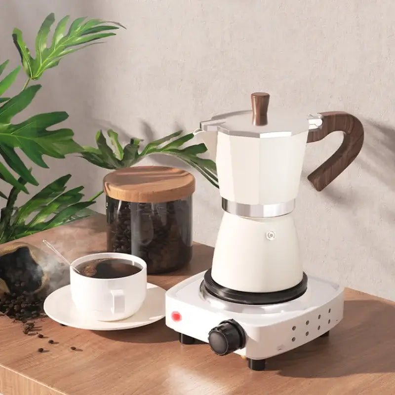 Classic cream aluminum moka pot kitchen coffee machine with wood handle