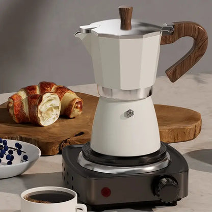Classic cream aluminum moka pot kitchen coffee machine with wood handle