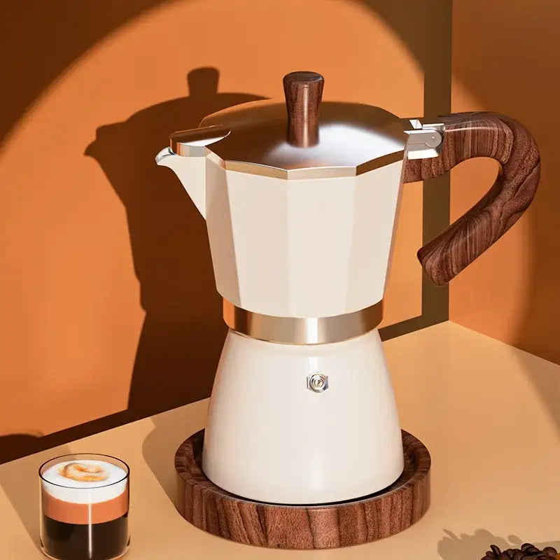 Classic cream aluminum moka pot kitchen coffee machine with wood handle