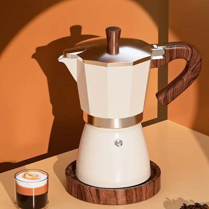 Classic cream aluminum moka pot kitchen coffee machine with wood handle