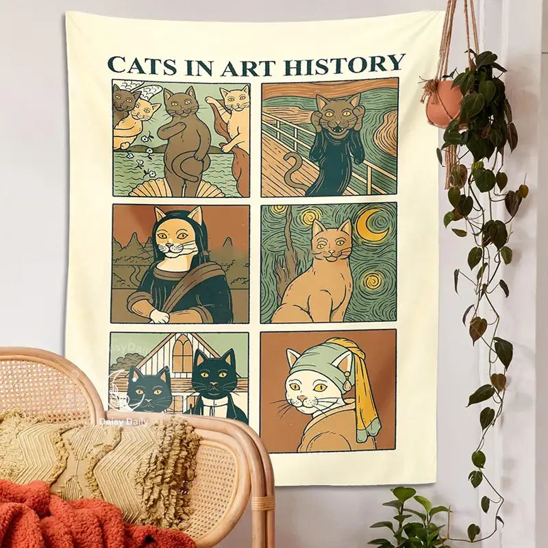 Classic cream cat art tapestry wall hanging for bedroom decor