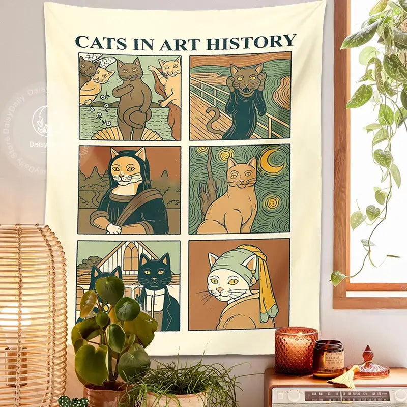 Classic cream cat art tapestry wall hanging for bedroom decor