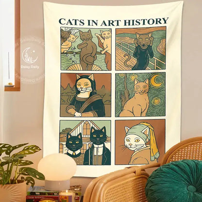 Classic cream cat art tapestry wall hanging for bedroom decor