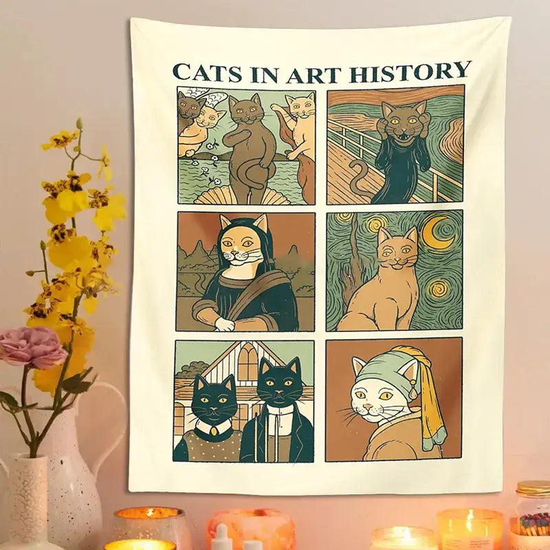 Classic cream cat art tapestry wall hanging for bedroom decor