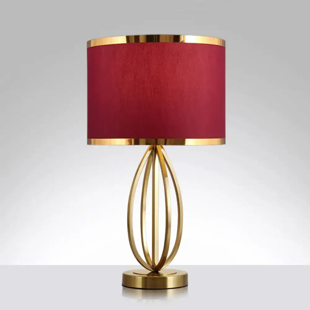 Classic gold & red round table lamp study room fabric shade