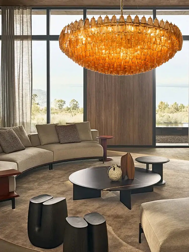Classic pink & amber glass chandelier dining room lighting