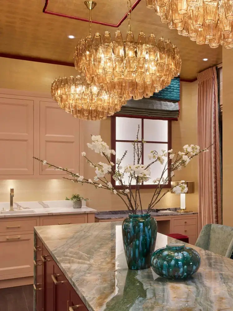 Classic pink & amber glass chandelier dining room lighting