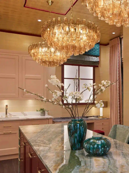 Classic pink & amber glass chandelier dining room lighting