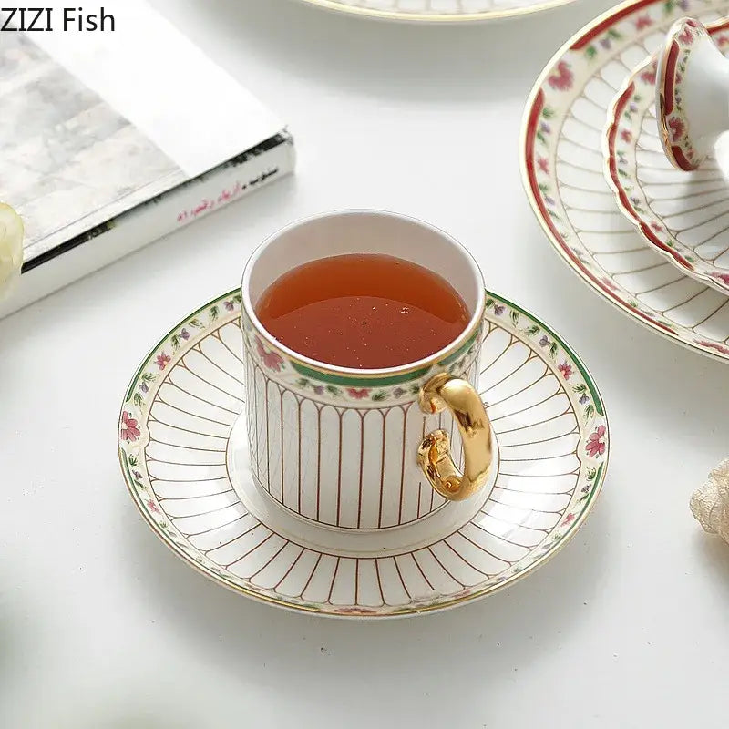 Classical gold-striped ceramic cup and saucer set dining room floral