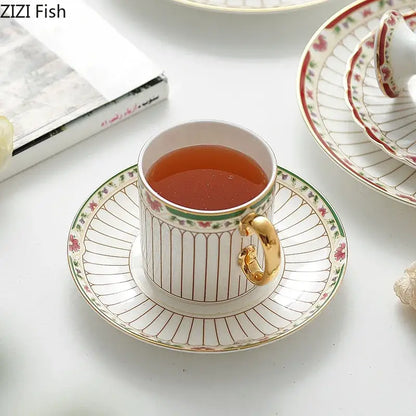 Classical gold-striped ceramic cup and saucer set dining room floral