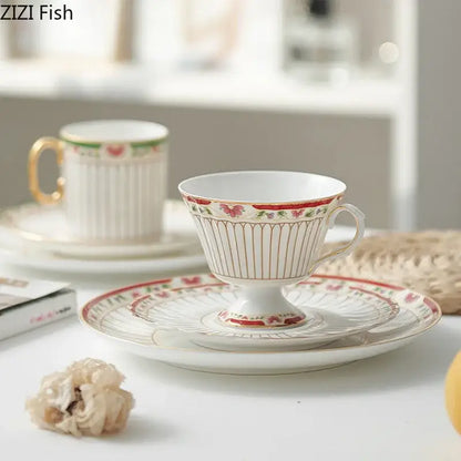 Classical gold-striped ceramic cup and saucer set dining room floral