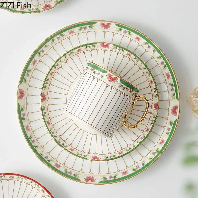 Classical gold-striped ceramic cup and saucer set dining room floral