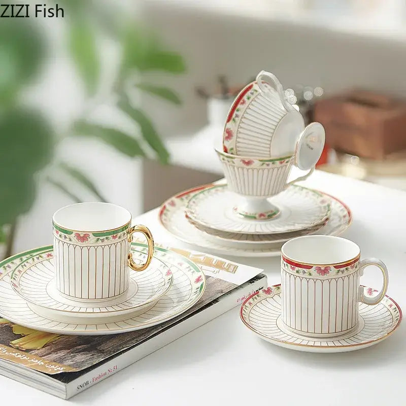 Classical gold-striped ceramic cup and saucer set dining room floral