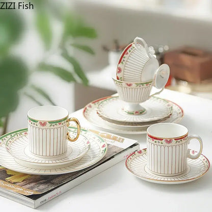 Classical gold-striped ceramic cup and saucer set dining room floral