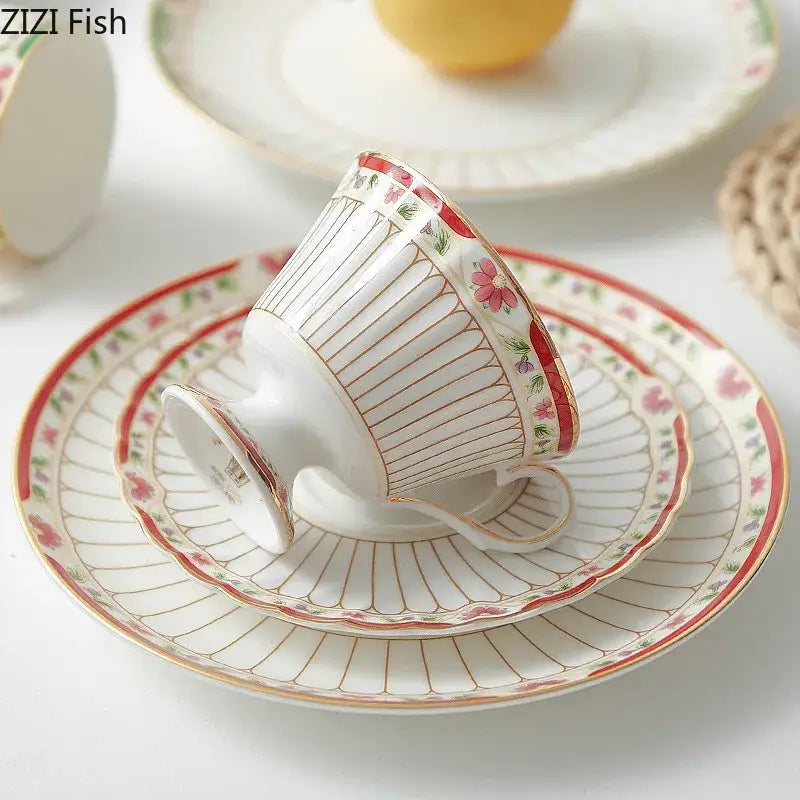 Classical gold-striped ceramic cup and saucer set dining room floral