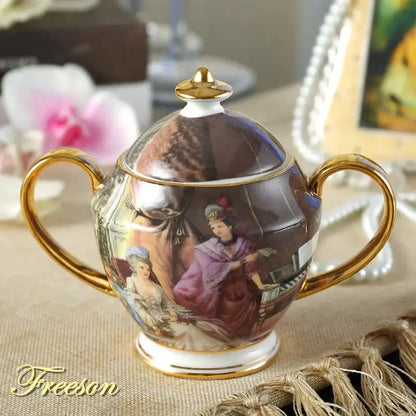 Classical gold trimmed bone china sugar bowl and creamer set dining room