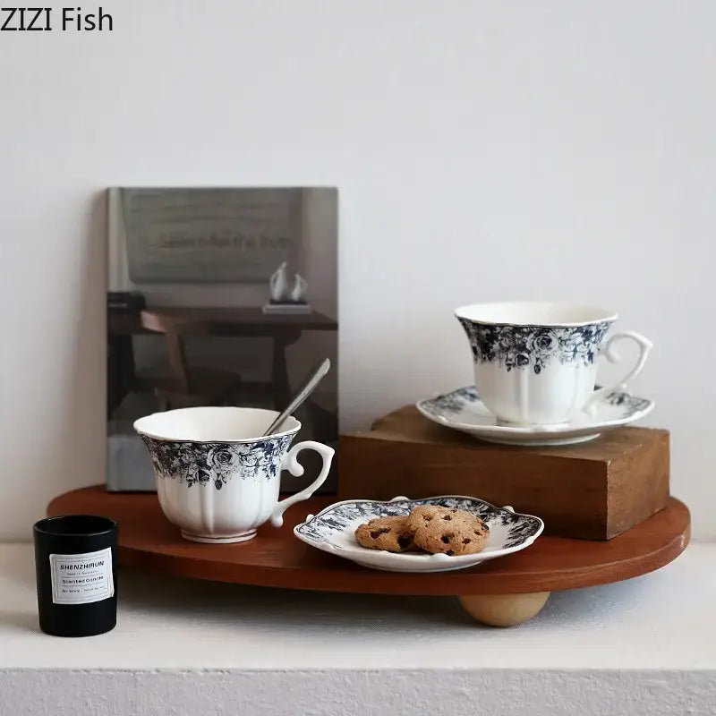 Classical grey blue rose ceramic cup and saucer set dining room mug