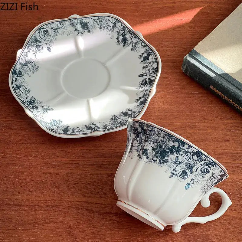 Classical grey blue rose ceramic cup and saucer set dining room mug