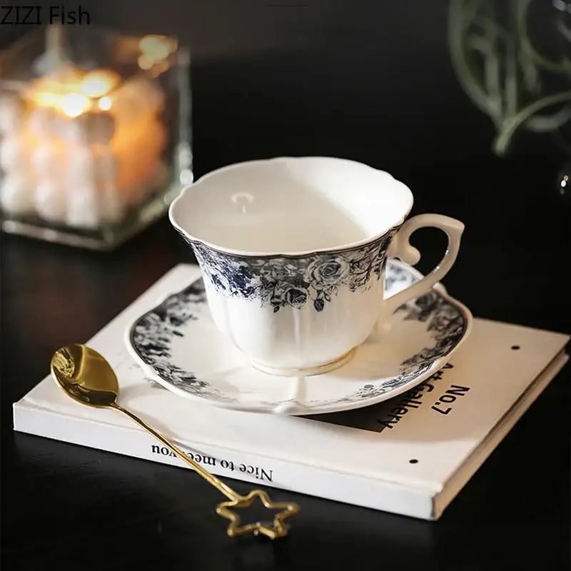 Classical grey blue rose ceramic cup and saucer set dining room mug