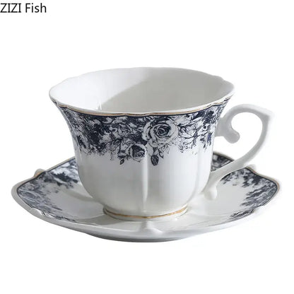 Classical grey blue rose ceramic cup and saucer set dining room mug